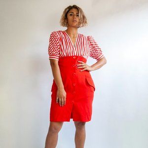 80s Couture Red Pinstripe Empire Waist Dress 44 L
